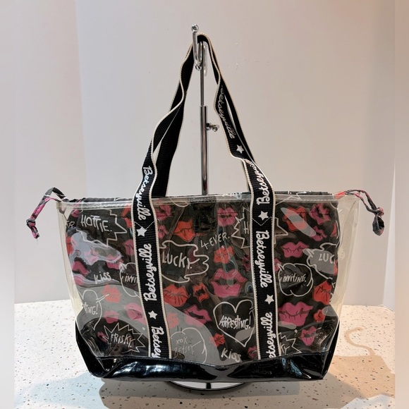Vintage Y2K Betsey Johnson Clear Tote Bag with Drawstring Insert Kiss Pattern - Picture 6 of 11